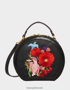 Betsey Johnson Women Vintage Embroidered Hat Box Crossbody Black Accessories X2J0V4234 Betsey Johnson Wedding Shoes